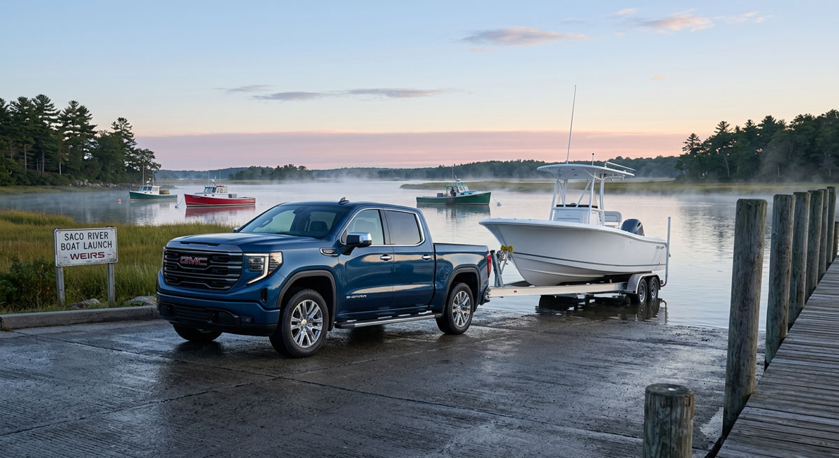 2026 GMC Sierra 1500 towing a boat on the Saco River in Maine