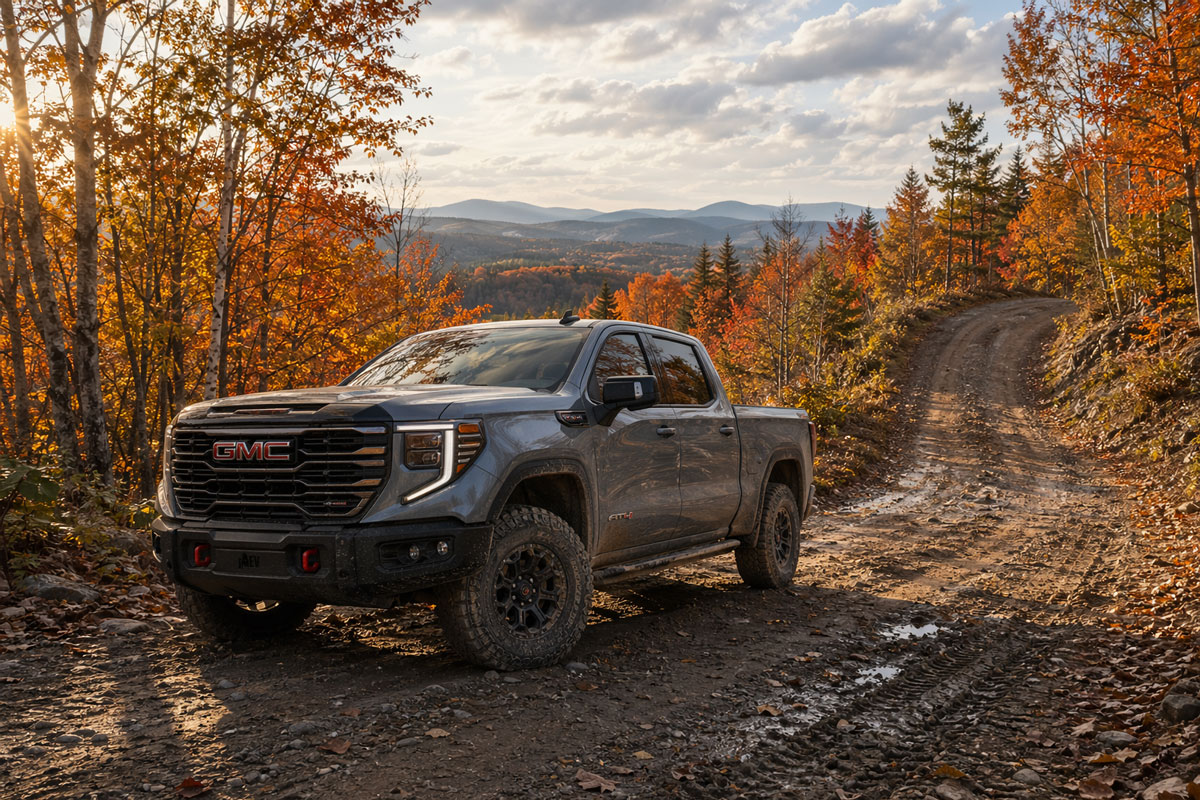 2026 GMC Sierra 1500 AT4 in the White Mountains of Maine — winter capability from Weirs GMC in Arundel