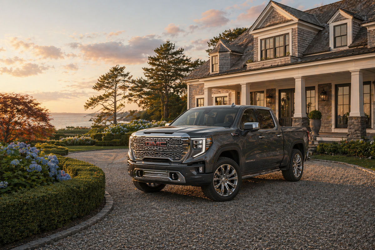 2026 GMC Sierra 1500 Denali Ultimate parked at a Kennebunkport-style shingle coastal home in southern Maine