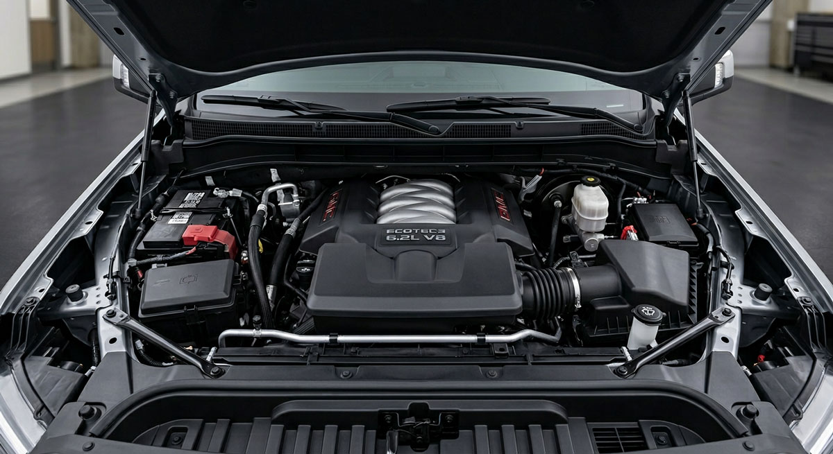 2026 GMC Sierra 1500 EcoTec3 6.2L V8 engine producing 420 horsepower and 460 lb-ft of torque