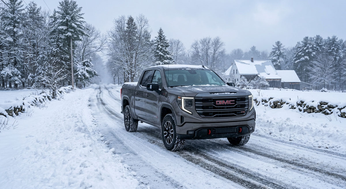 2026 GMC Sierra 1500 AT4 with 4WD engaged on a snow-covered rural southern Maine road