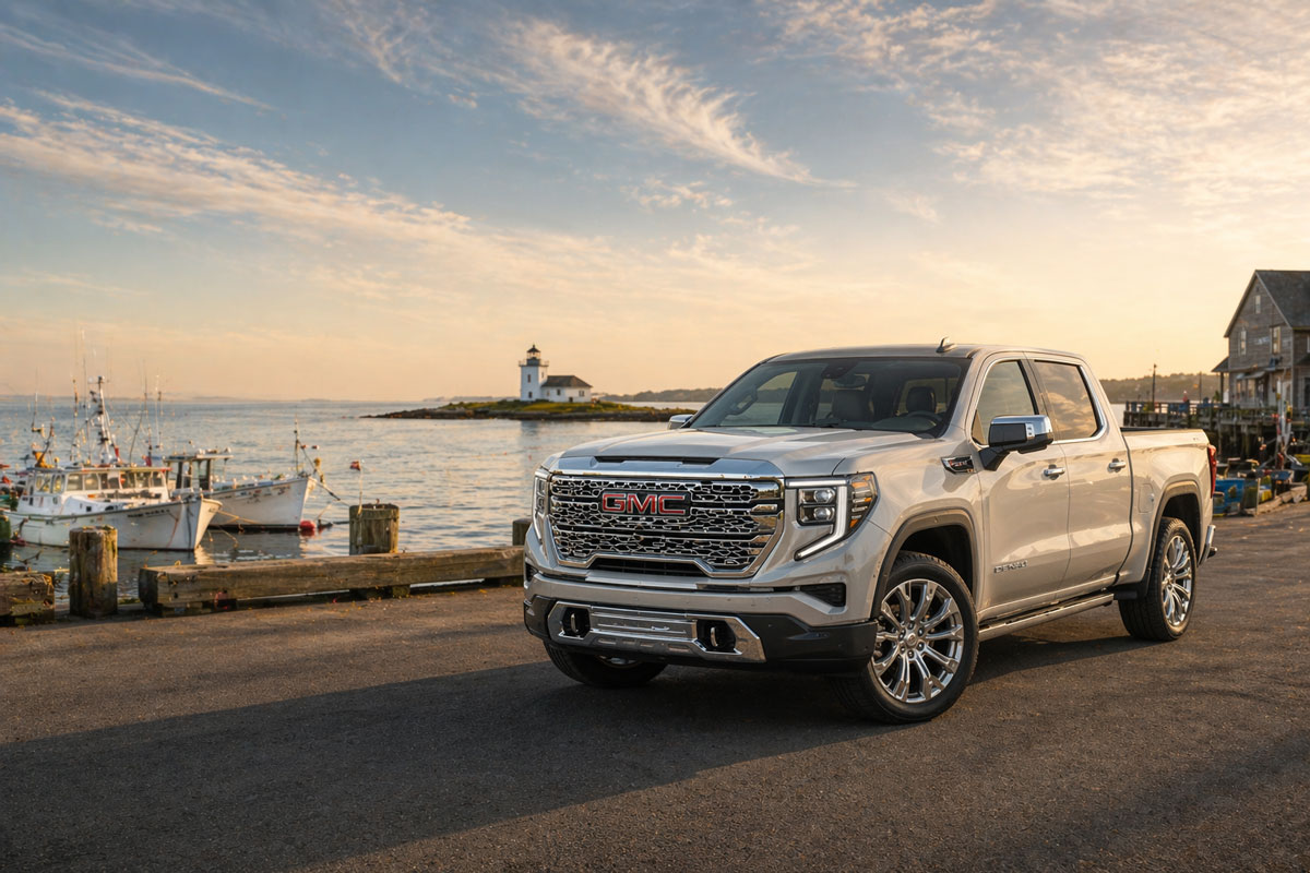 2026 GMC Sierra 1500 Denali in Glacier White Tricoat at the southern Maine coast near Arundel