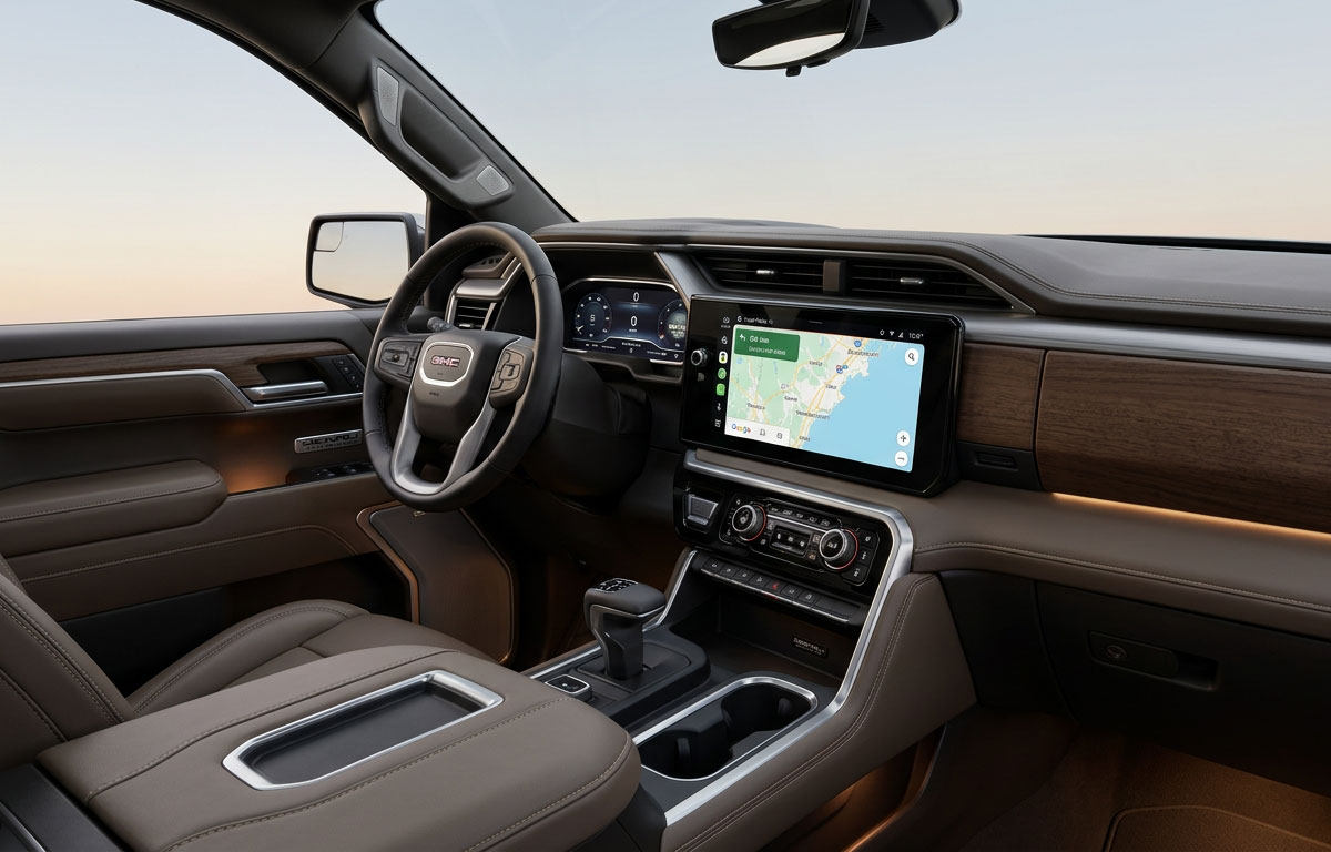 2026 GMC Sierra 1500 Denali Ultimate interior with 13.4-inch Google Built-In touchscreen and full-grain leather seats