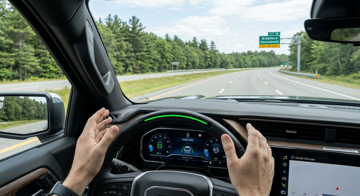 Super Cruise hands-free driving in a 2026 GMC Sierra 1500 Denali Ultimate on the Maine Turnpike near Arundel