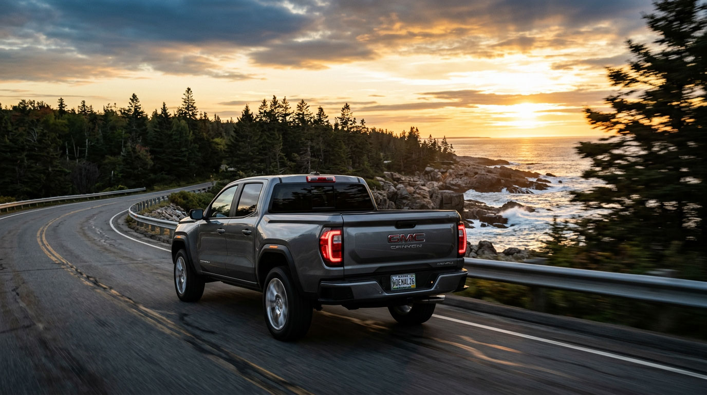 2026 GMC Canyon Denali on a Southern Maine coastal road