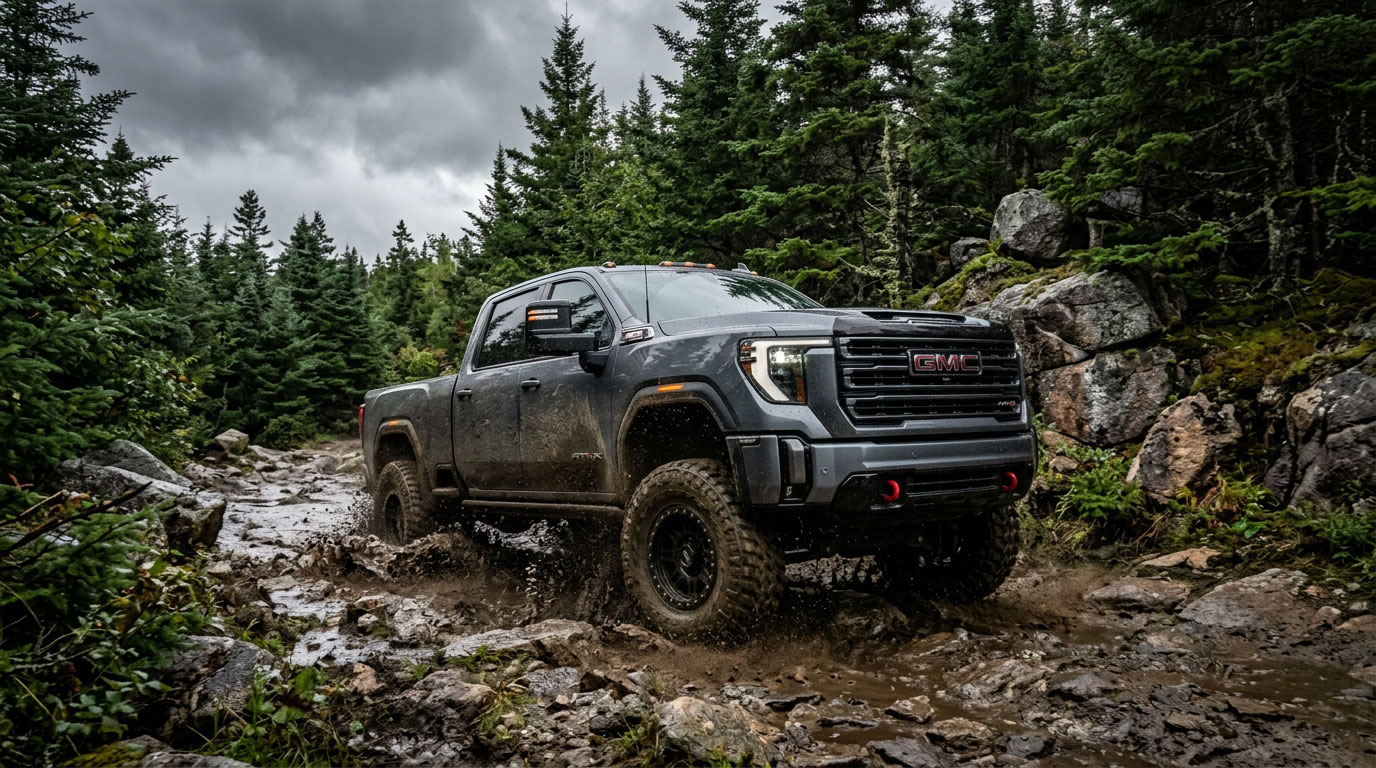 Lifted GMC Sierra 2500HD AT4X on a muddy Maine backcountry trail