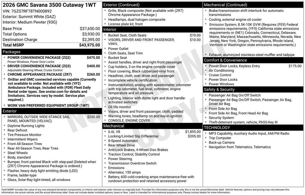 2026 GMC Savana Cutaway 3500 1WT