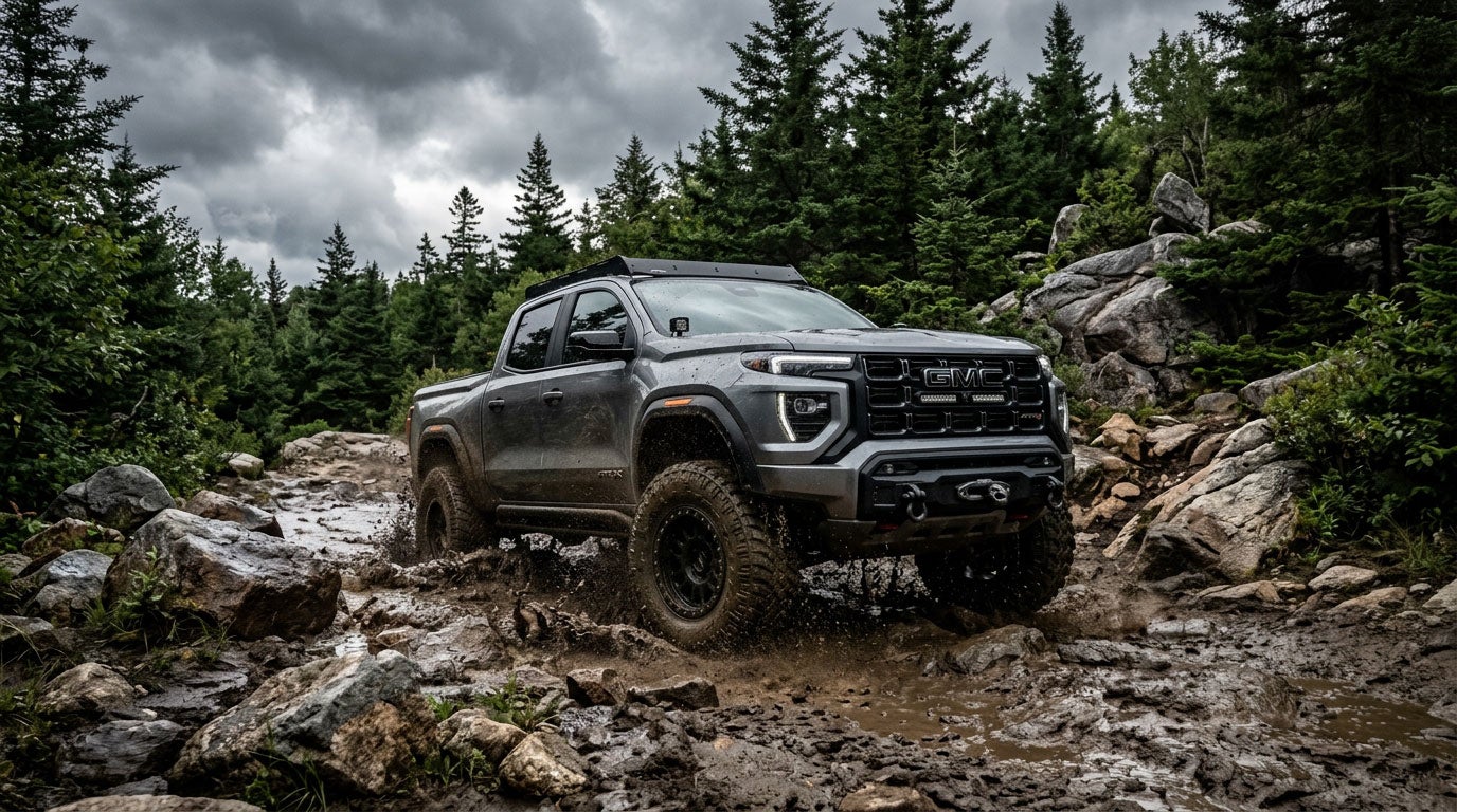 GMC Canyon AT4X on a rugged Maine trail