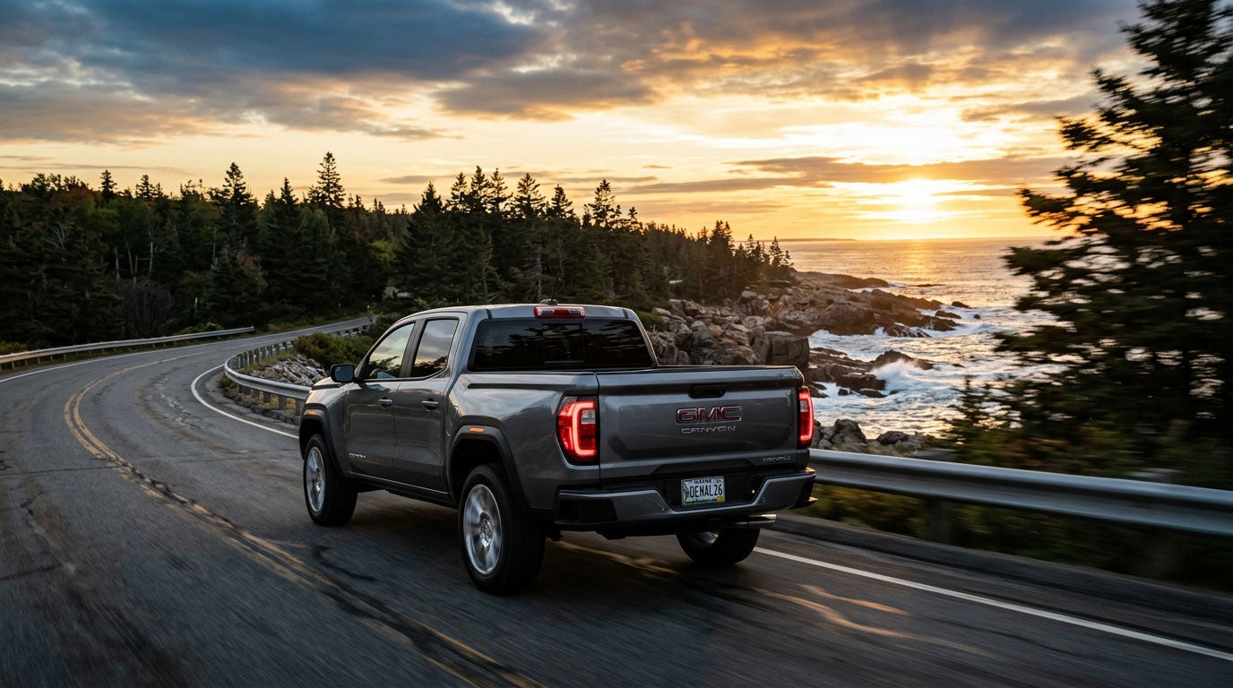 GMC Canyon Denali on a Southern Maine coastal road at golden hour