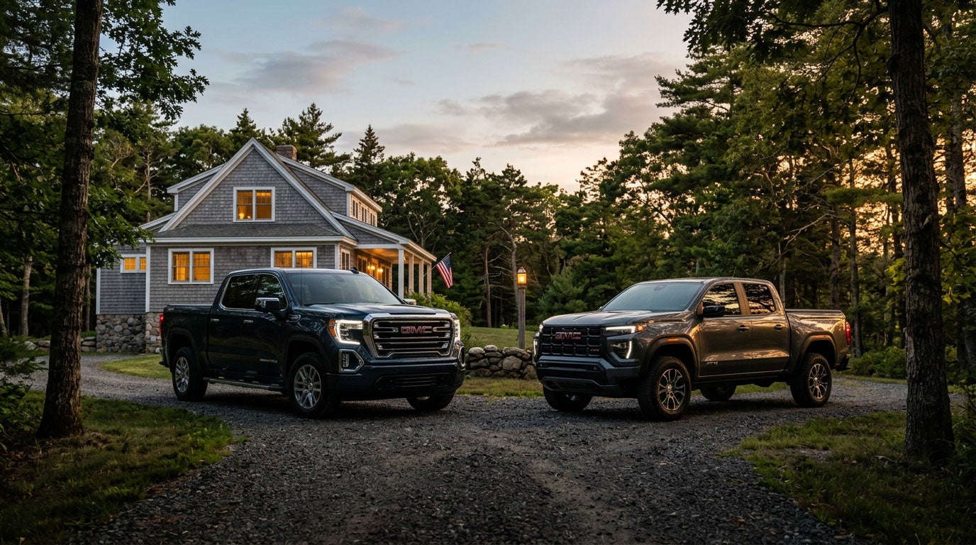 GMC Canyon and Sierra 1500 Double Cab in a Southern Maine driveway at golden hour
