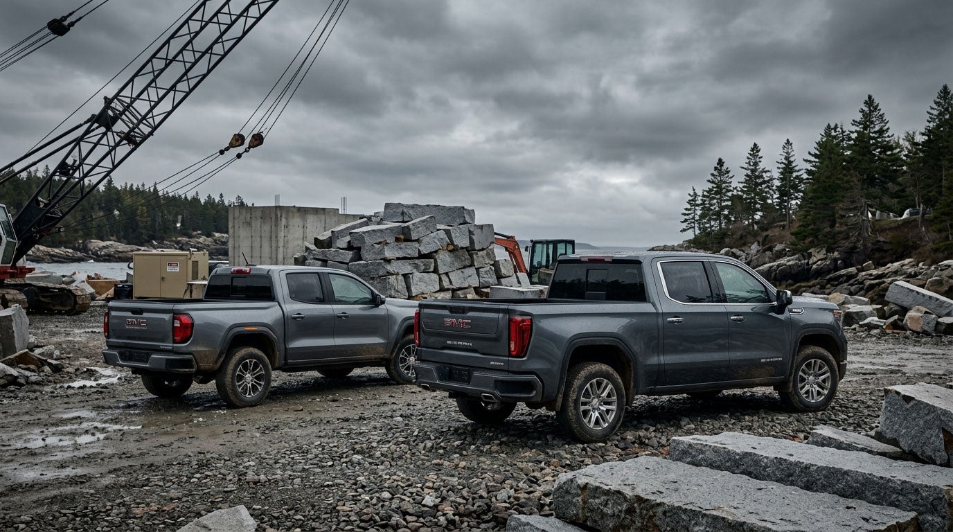 Size comparison of the midsize GMC Canyon and full-size GMC Sierra 1500 Double Cab in Maine