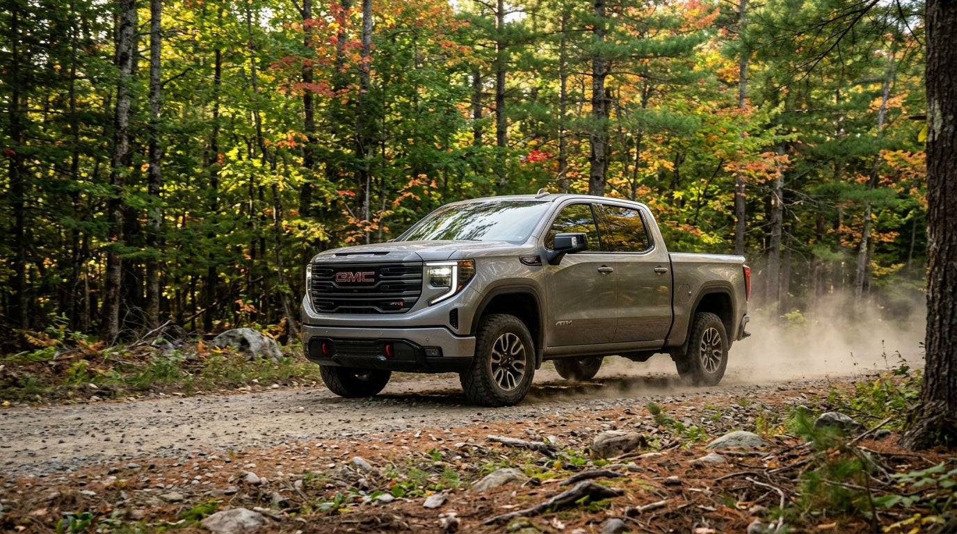 GMC Sierra 1500 AT4 on a Maine back road in the fall