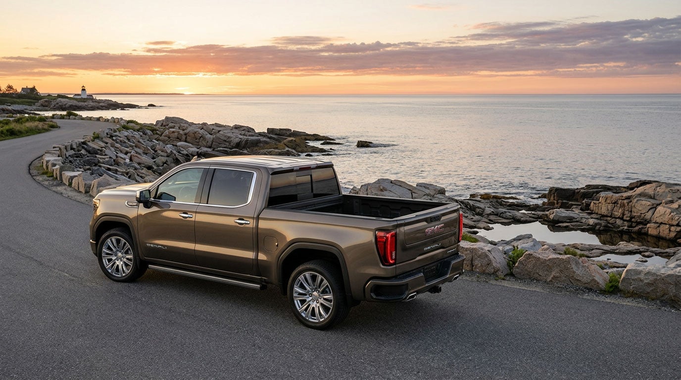GMC Sierra 1500 Denali on a Southern Maine coastal road at golden hour