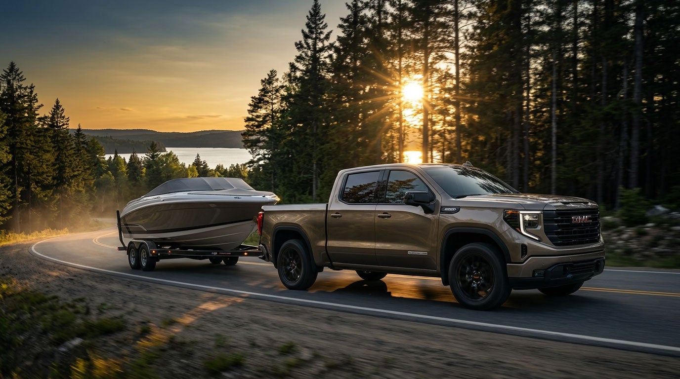 GMC Sierra 1500 Double Cab towing a trailer on a Southern Maine highway