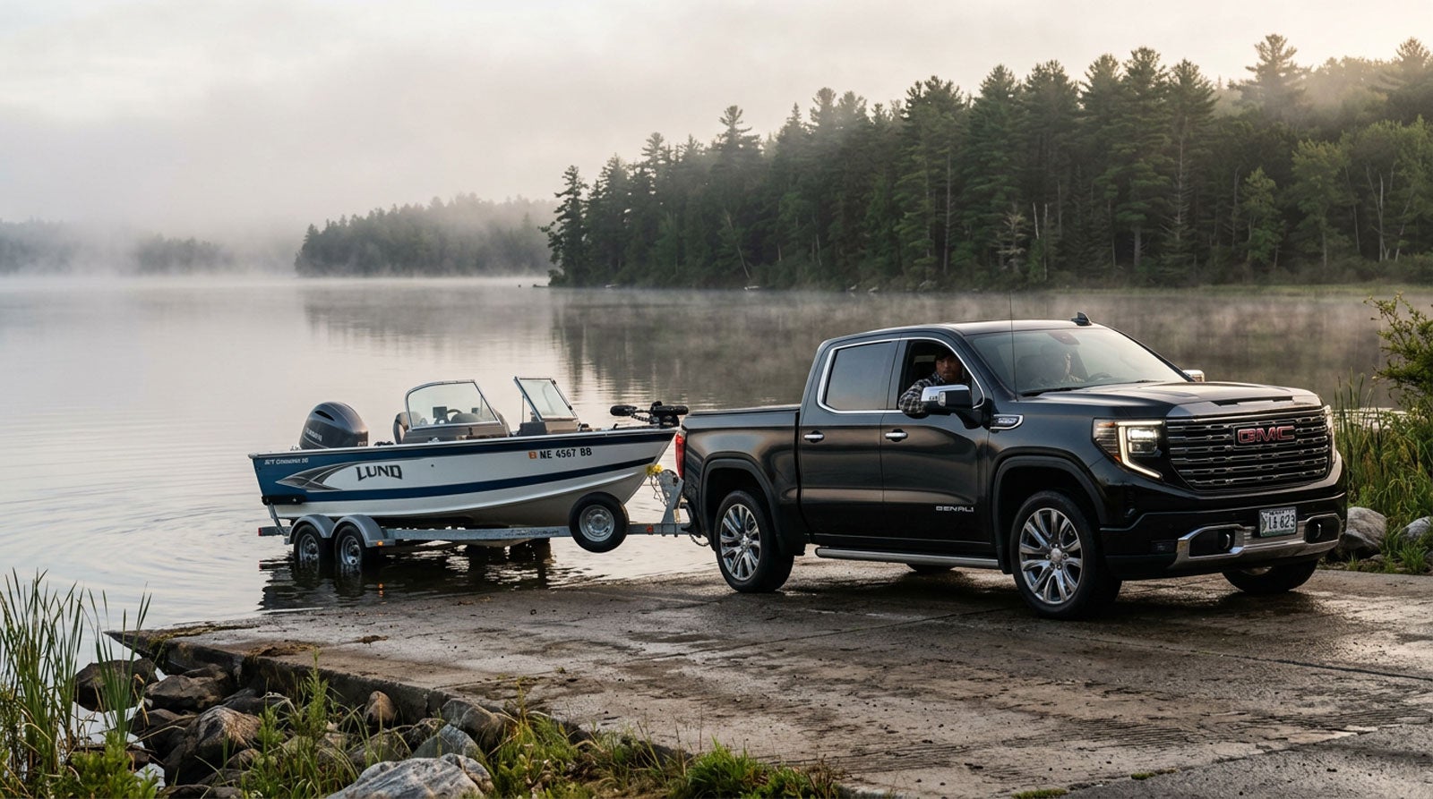 GMC Sierra 1500 towing a boat at a Maine lake in early morning light