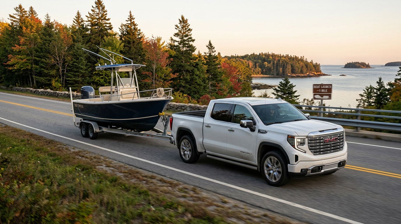 GMC Sierra 1500 towing a boat on a Maine road