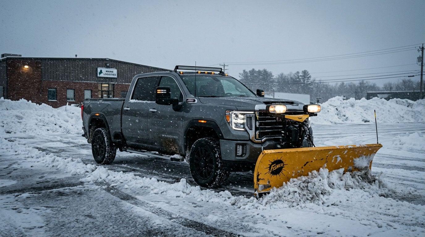 GMC Sierra 2500HD with a Fisher plow clearing snow in Maine