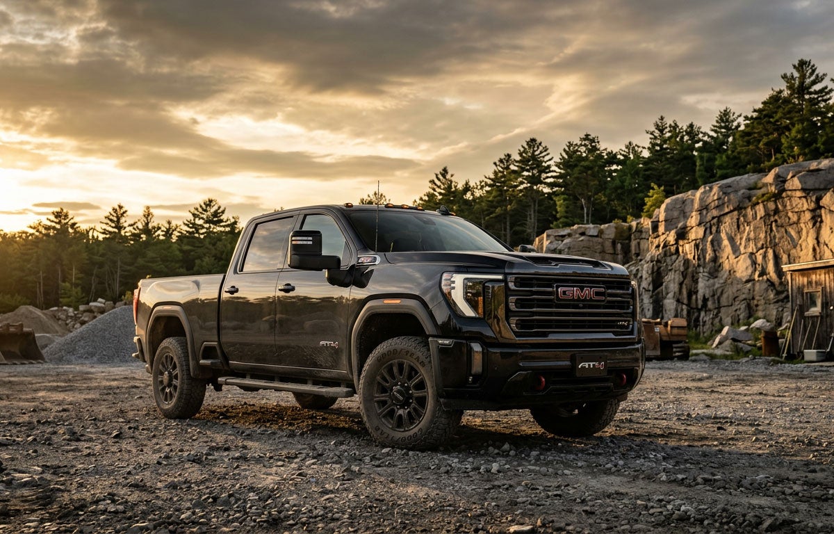 2026 GMC Sierra 2500HD at a Southern Maine worksite at golden hour