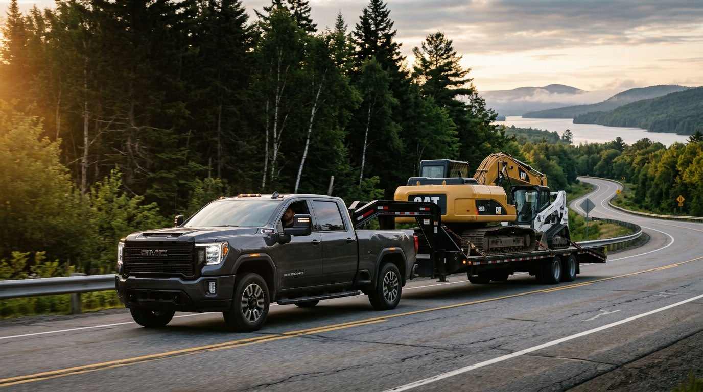 GMC Sierra 2500HD towing a gooseneck trailer in Maine