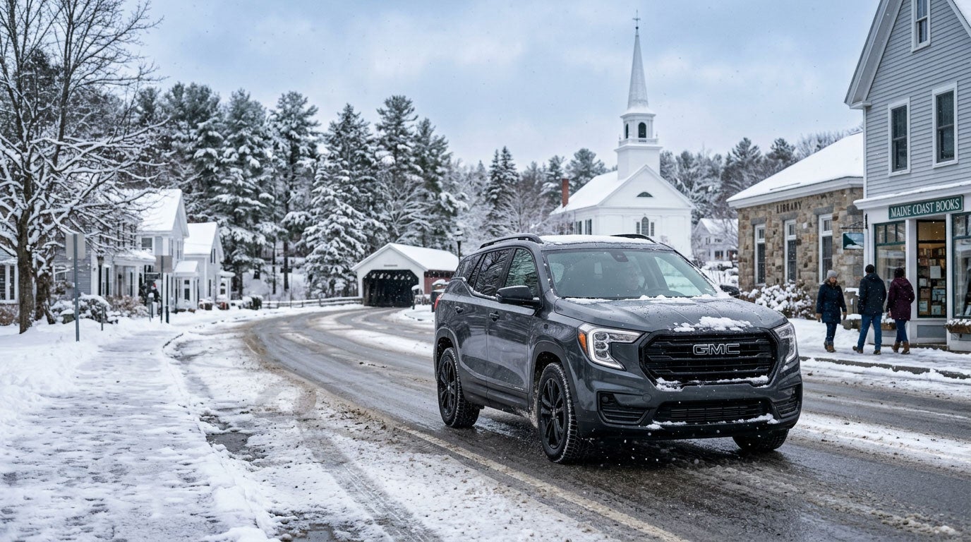 GMC Terrain driving on a snowy Maine street