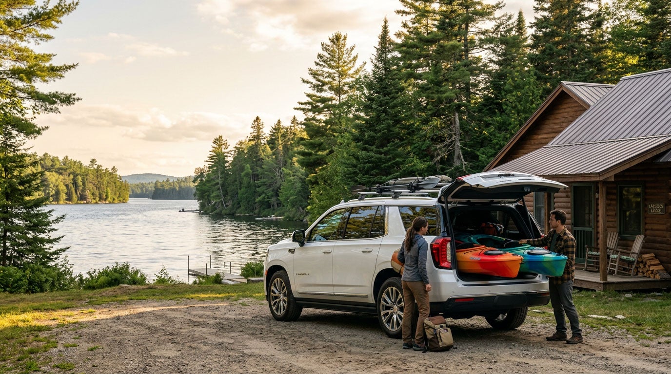 GMC Yukon loading kayaks and gear at a Maine lake