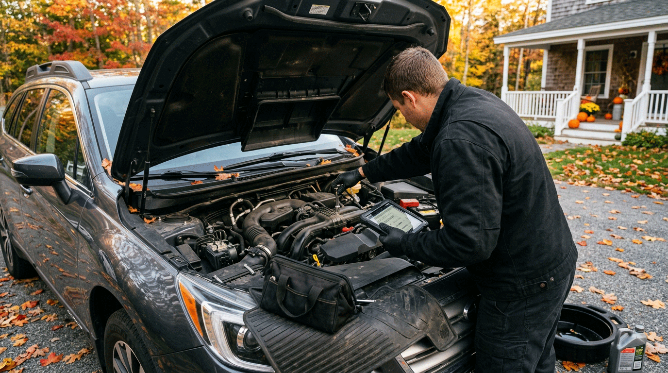 Mobile service technician working under the hood of an SUV in a Southern Maine driveway