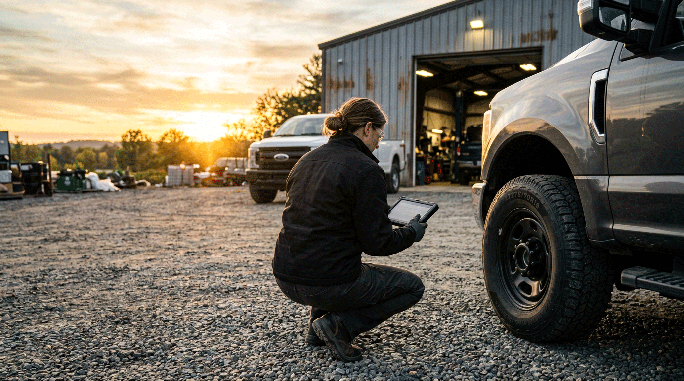 Technician inspecting a work truck at a contractor yard during mobile fleet maintenance in Maine