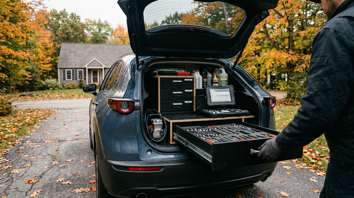 Mobile service vehicle with tool drawers and diagnostic equipment parked in a Maine driveway